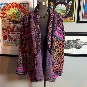 Farm Rio Mixed Pattern Fringe Open Front Knit Cardigan - Size L